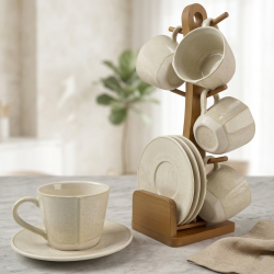 Tea Cup and Saucer Set 6 Pcs With Wooden Stand